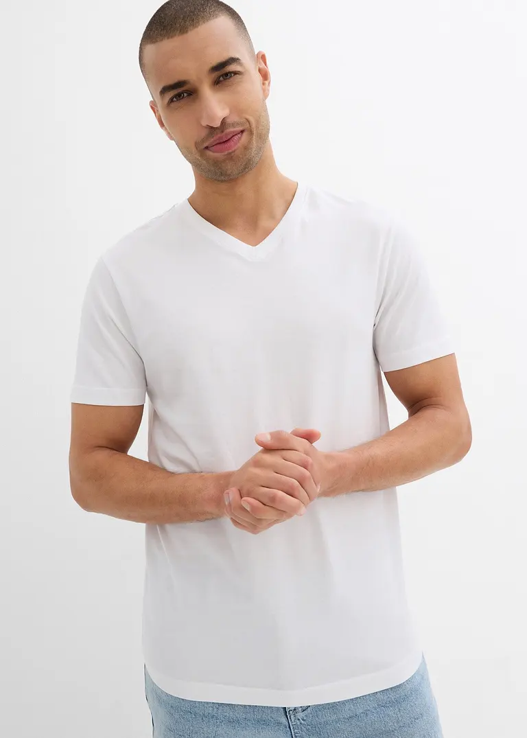 bonprix modernes T-Shirt mit V-Ausschnitt im günstigen Doppelpack - weiß Fabrikpreis