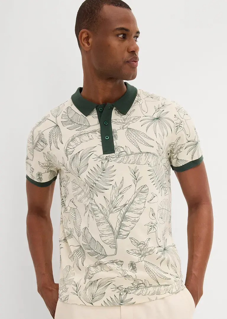 bonprix Modisch bedrucktes Jersey-Poloshirt aus reiner Baumwolle - beige Jubiläumsangebot