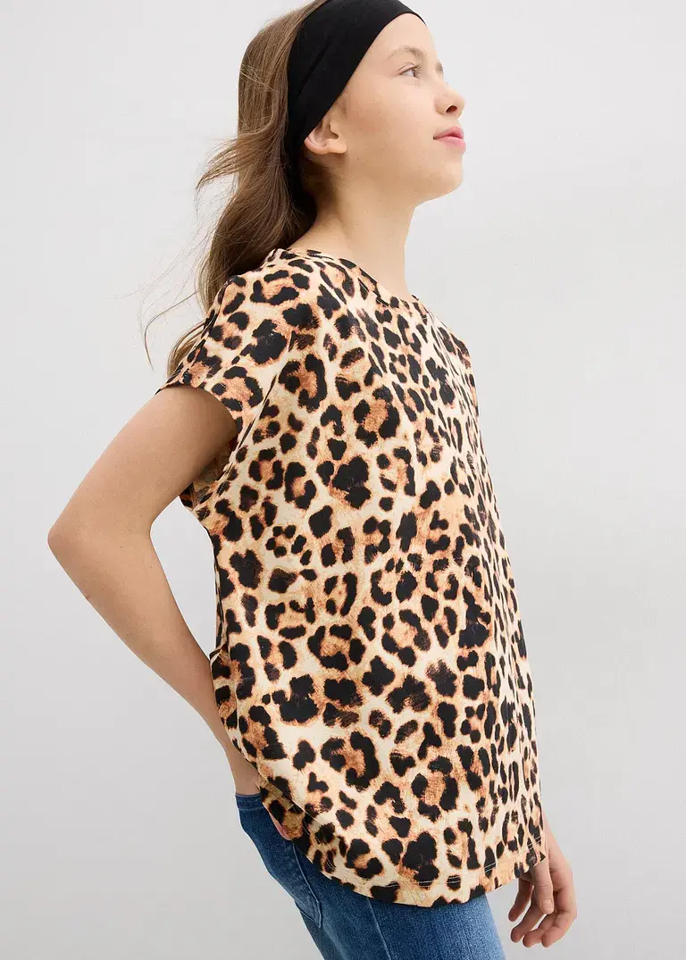 bonprix Mädchen T-Shirt im schönen 2er-Pack - schwarz+beige bedruckt Rabatte dieses Monats