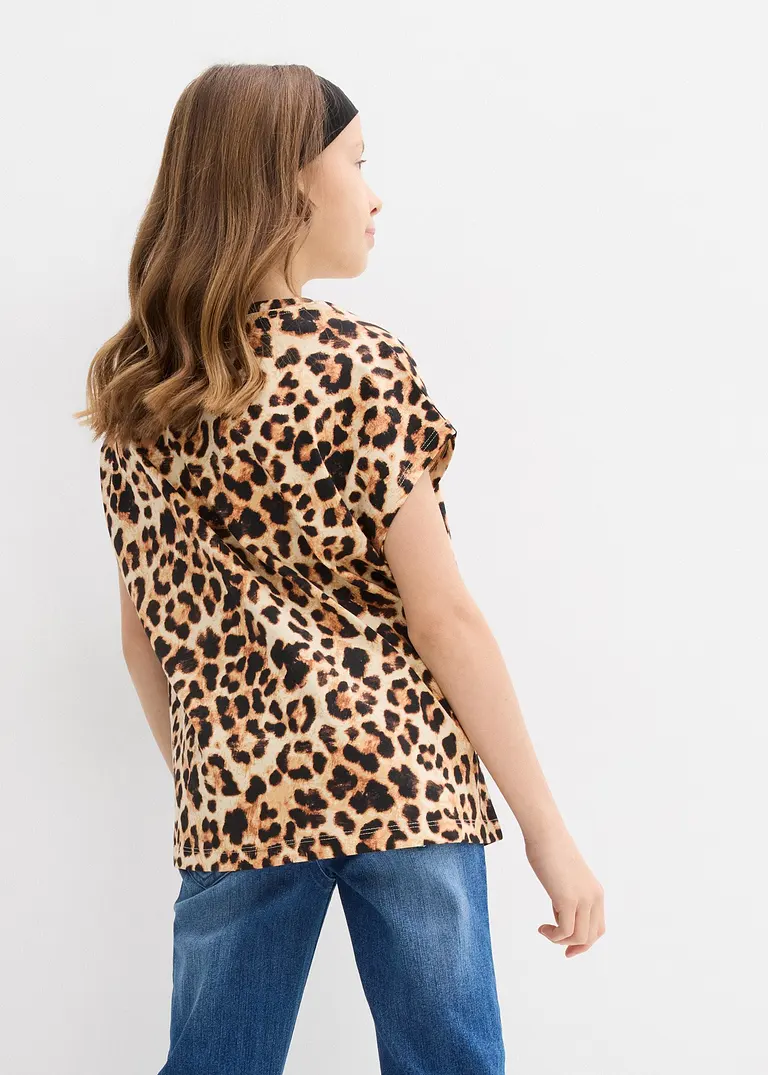 bonprix Mädchen T-Shirt im schönen 2er-Pack - schwarz+beige bedruckt Rabatte dieses Monats