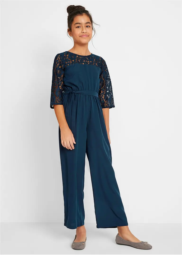 bonprix Toller Mädchen Overall mit Spitze und Stoffgürtel - blau - Kinder Osterangebot
