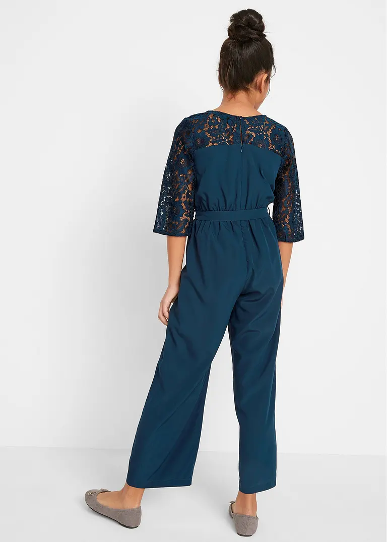 bonprix Toller Mädchen Overall mit Spitze und Stoffgürtel - blau - Kinder Osterangebot