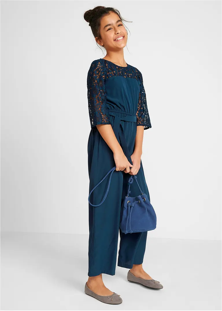 bonprix Toller Mädchen Overall mit Spitze und Stoffgürtel - blau - Kinder Osterangebot