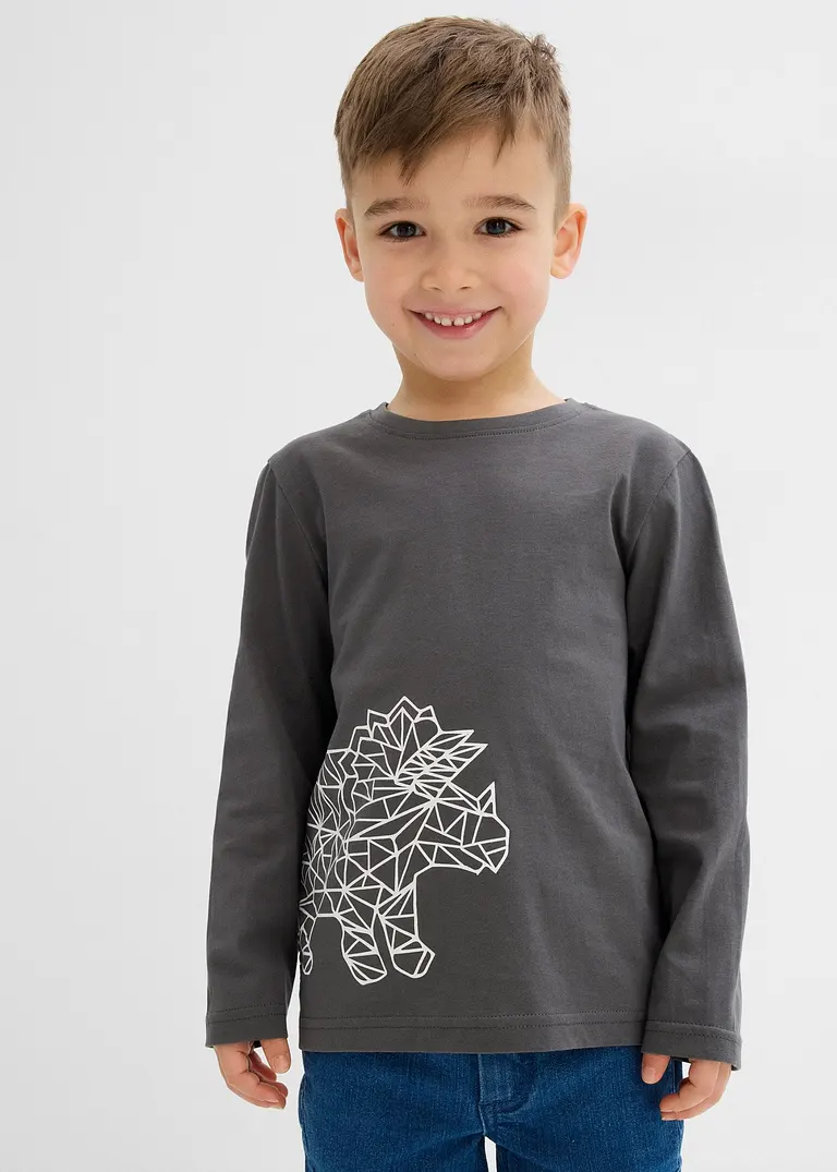 bonprix Cooles Jungen Langarmshirt mit einem großen Dino-Druck - grau Bis zu 50% Rabatt