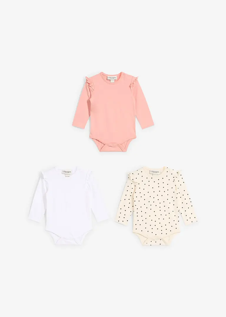 bonprix 3er Packung Baby Bodies mit Rüschen und Knöpfen an der Schulter und im Schritt Fabrik Onlineshop