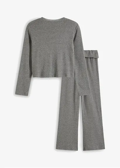 bonprix Mädchen Langarmshirt mit Spitze am Ausschnitt und mit bequemer ausgestellter Hose (2-tlg. Set) Vierteljährliche Förderung