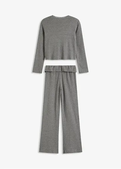 bonprix Mädchen Langarmshirt mit Spitze am Ausschnitt und mit bequemer ausgestellter Hose (2-tlg. Set) Vierteljährliche Förderung