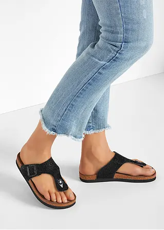 bonprix Sommerliche Zehensteg Pantolette in Glitzeroptik - schwarz Verkauf