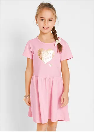 bonprix Doppelpack Mädchen Jerseykleid mit Druck - puderrosa+grau meliert Top Angebot