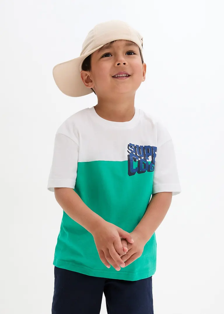 bonprix Cooles zweifarbiges T-Shirt mit Druck auf der Brust - weiß Riesige Ersparnisse