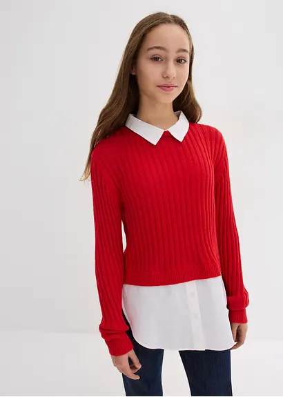 bonprix Mädchen Feinstrickpullover mit kontrastfarbigen Blusenbesatz Letzte 3 Tage
