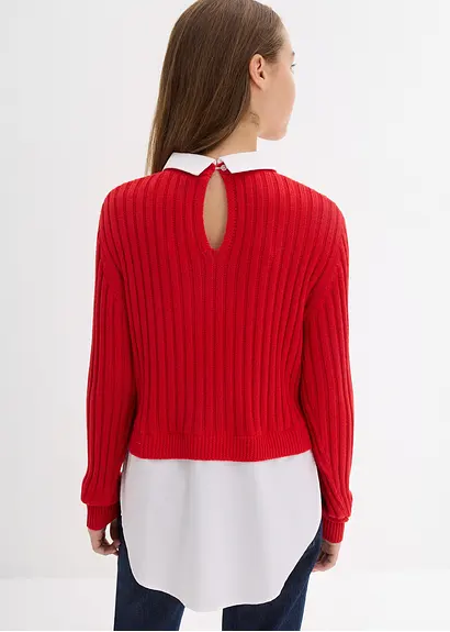 bonprix Mädchen Feinstrickpullover mit kontrastfarbigen Blusenbesatz Letzte 3 Tage