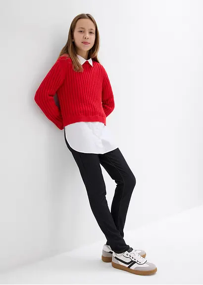 bonprix Mädchen Feinstrickpullover mit kontrastfarbigen Blusenbesatz Letzte 3 Tage