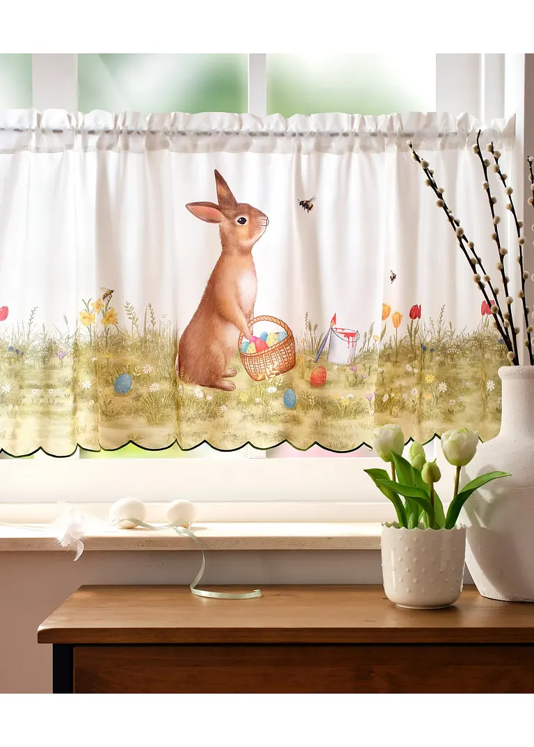 bonprix Farbenfrohe Küchengardine mit Osterhase und bunter Blumenwiese Zeitlich begrenztes Angebot
